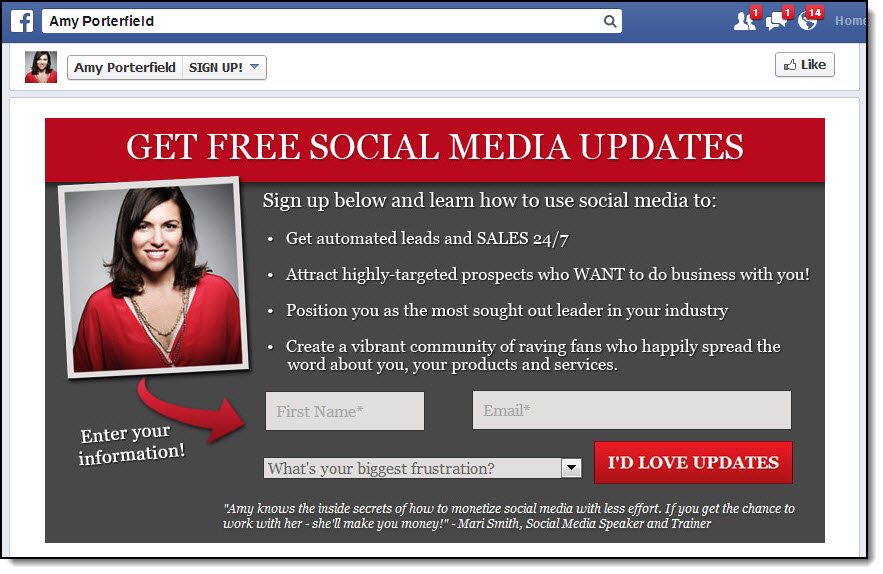 Amy Porterfield Facebook custom tab to capture and integrate email marketing on Facebook