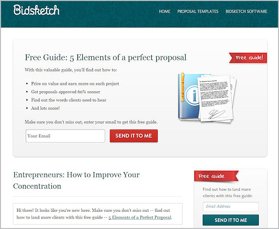 Bidsketch blog with sign up form