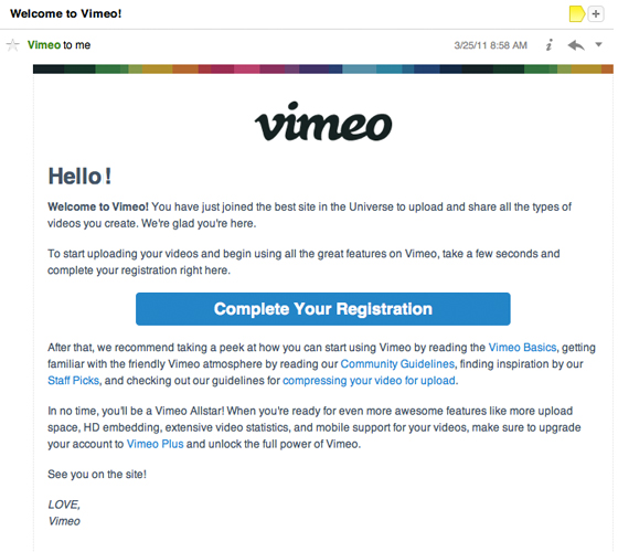 Vimeo welcome email example
