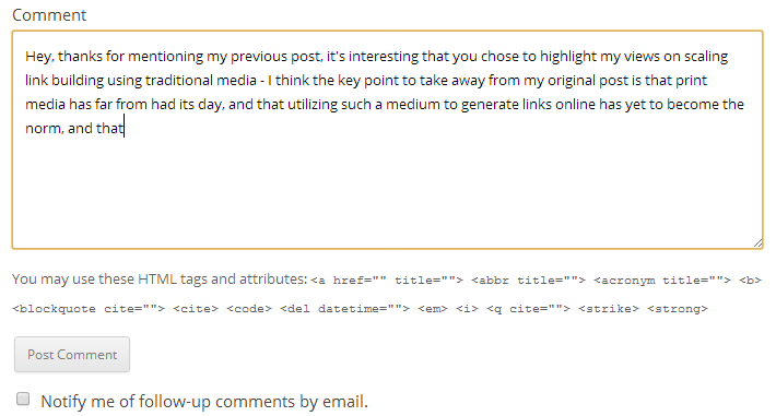 An image displaying a typical comment box on a blog format website