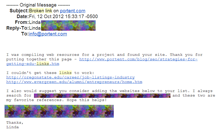 failed broken link building example Failed broken link building email attempt