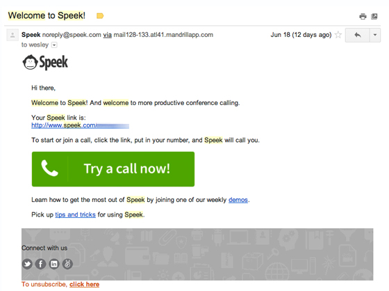 Speek welcome email example