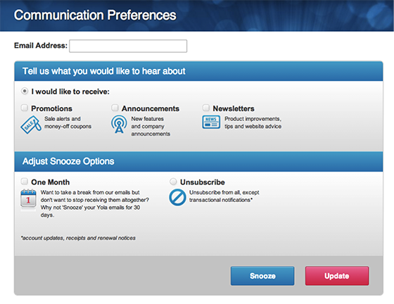 Email open rate: Communications preferences example